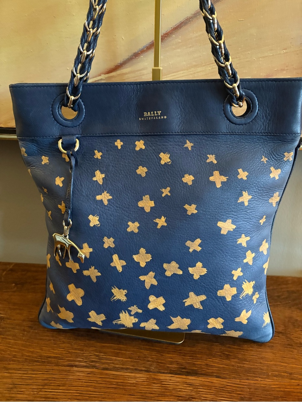 Bally Vintage Navy Deer Leather “Gins” Swiss Cross Flat Tote Bag with Charm